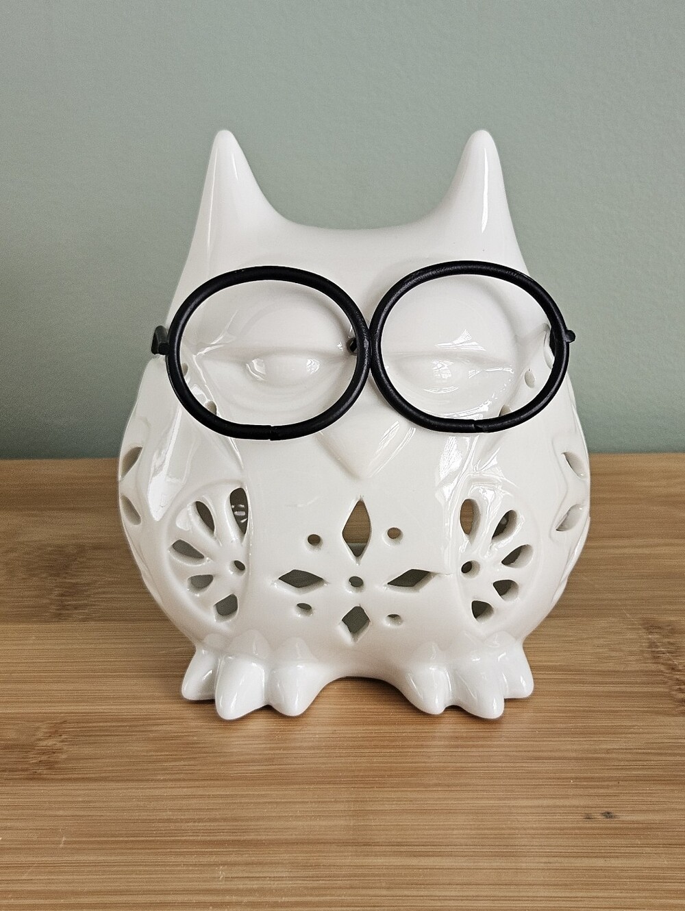 White Ceramic Owl Decorative Accent with Black Glasses